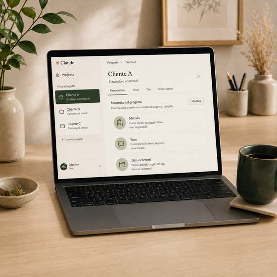 Memoria AI nei progetti: pannello Metodo, Tono e Dati ricorrenti di un progetto cliente su Claude