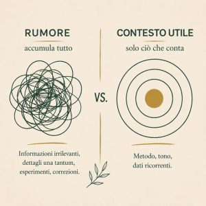 Memoria AI nei progetti: infografica Rumore vs Contesto Utile per capire cosa ricordare