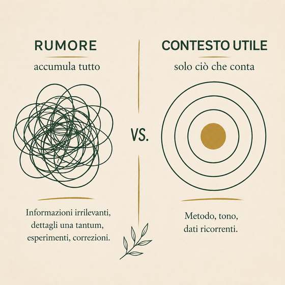 Memoria AI nei progetti: infografica Rumore vs Contesto Utile per capire cosa ricordare